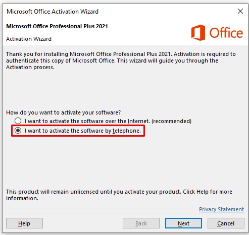 I want to activate the software by telephone