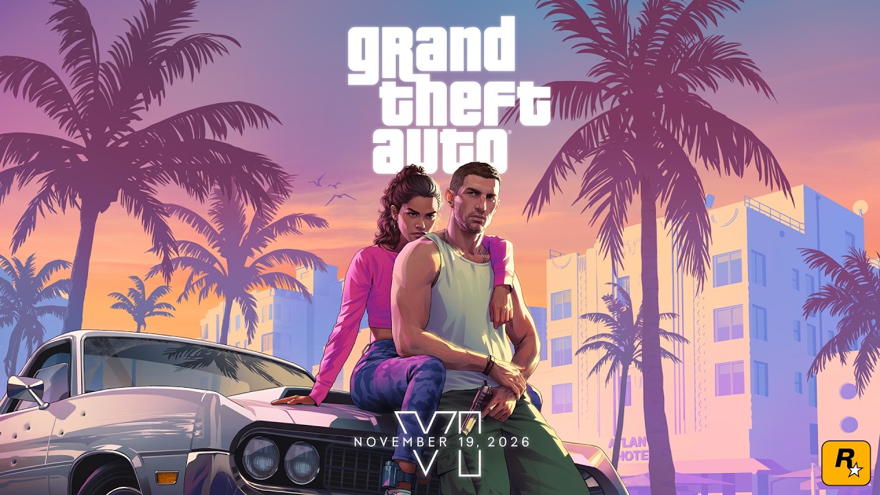 Grand Theft Auto VI key art: Jason and Lucia in Vice City at sunset